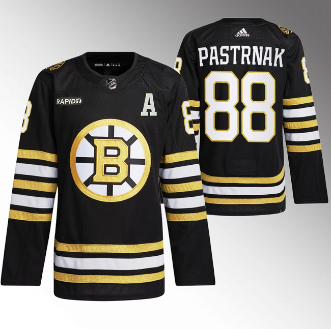 Men's Boston Bruins #88 David Pastrnak Black With Rapid7 Patch 100th Anniversary Stitched Jersey